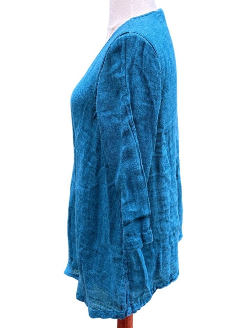 Flax Womens Medium Blue 100% Linen Blouse With 3/4 Sleeves Split Front Design - Picture 4 of 9